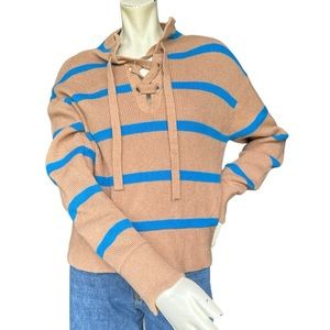 Everlane "The Lace Up Smock Sweater" Tan & Blue Striped Wool Blend Sweater XS
